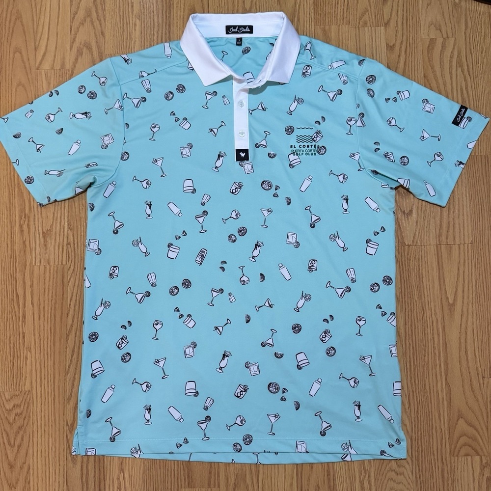 Bad Birdie Polo Shirt Mens Large Mint Green Happy Hour Cocktail Print Golf